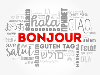 Fototapeta premium Bonjour (Hello Greeting in French) word cloud in different languages of the world, background concept