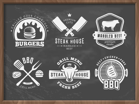 BQ, burger, grill badges. Set of vector barbecue logos. Retro emblems for steak house or grill bar on grungy chalkboard background