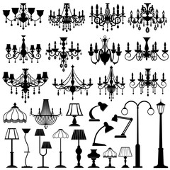 Home and outdoor lightning, lamps and chandeliers vector set