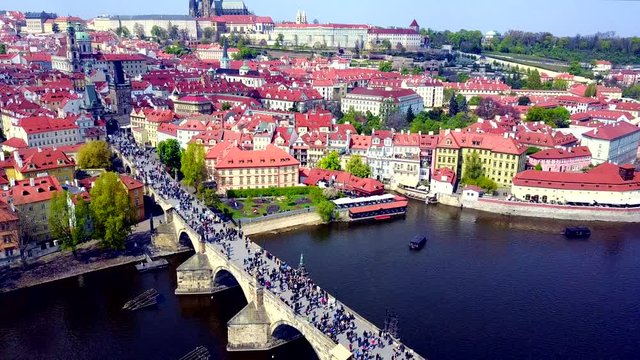 Prague Aerial. Charles Bridge, Mala Strana, Kampa and Prague Castle.