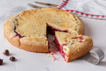 Fresh homemade cherry pie on a white background. Juicy piece of cherry pie.