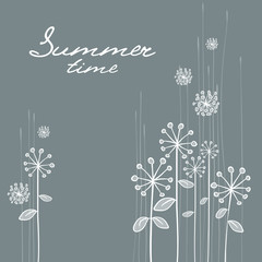 Floral hand draw card, white dandelion flowers and text on grey