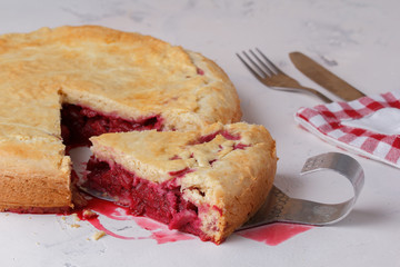 Fresh homemade cherry pie on a white background. Juicy piece of cherry pie.