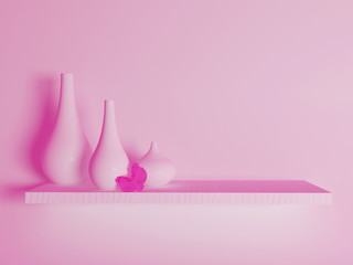 vases on the shelf, pink color, 3d