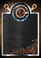 Blackboard for a coffee house with a coffee cup and roasted coffee beans