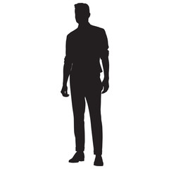 Young man in shirt, vest and pants standing, vector silhouette