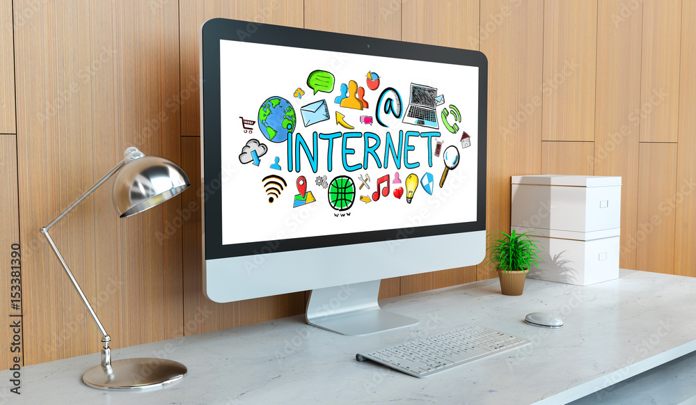 Poster Modern computer with internet presentation 3D rendering