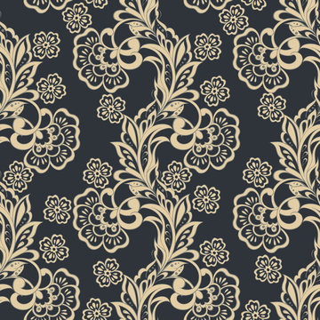 Floral seamless pattern with ethnic ornament. Vector illustration in asian textile style 