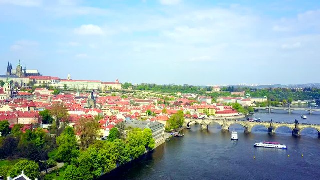 Prague Aerial. Charles Bridge, Mala Strana, Kampa and Prague Castle.
