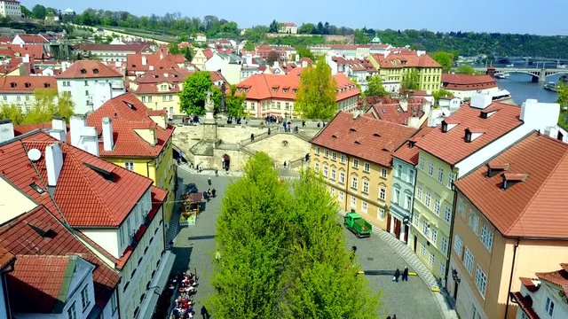 Prague Aerial. Flying over Charles Bridge and Kampa. Mala strana.