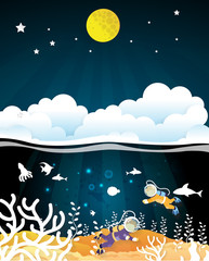 Scuba diver man swimming underwater with cloud and full moon. paper cut