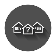 Buy or rent house. Home symbol with the question. Vector illustration with long shadow.