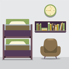 Empty Bunk Bed With Armchair And Bookcase Vector Illustration