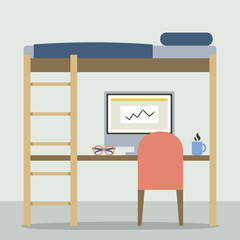 Flat Design Empty Bunk Bed With Workspace Vector Illustration
