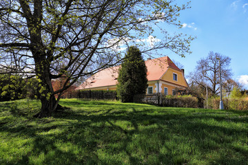 Fototapeta na wymiar Rural house by the lawn and tree