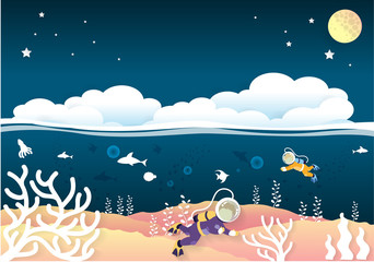 Naklejka premium Scuba diver man swimming underwater with cloud and full moon. paper cut