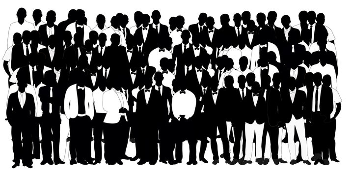 Collection of black and white silhouettes man team, crowd,  illustration
