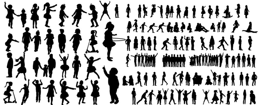 Collection of children silhouettes boys and girls set,  illustration
