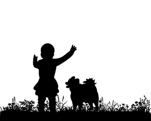 Fototapeta na wymiar Silhouette of a child and a dog playing illustration