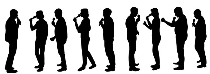 A collection of silhouettes of people singing into the microphone, illustration