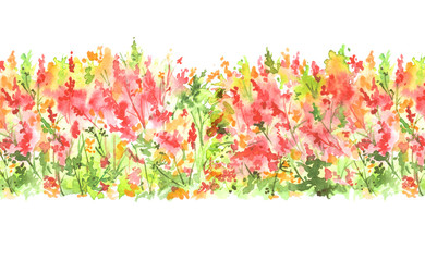 Seamless curb. Watercolor blooming autumn bush. Texture with picturesque spots, branches, leaves. Border, an element for design. Watercolor vintage drawing of trees.