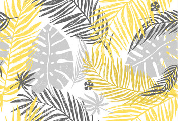 Seamless exotic pattern with yellow gray palm leaves on white background. Vector hand draw illustration.