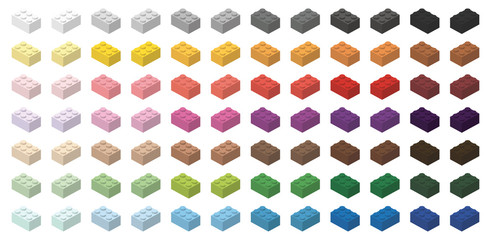 Children brick toy simple colorful bricks 3x2 high, isolated on white background
