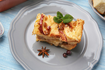 Delicious bread pudding on plate