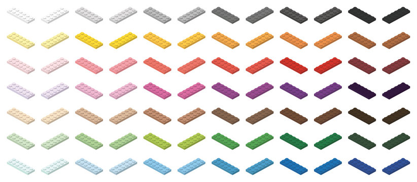 Children brick toy simple colorful bricks 6x2 low, isolated on white background

