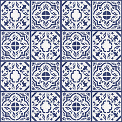 Blue Portuguese tiles pattern - Azulejos vector, fashion interior design tiles