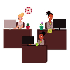 Black and caucasian business women in office, working on computers, cartoon vector illustration isolated on white background. Black and white businesswomen, girls working in office, bored and focused