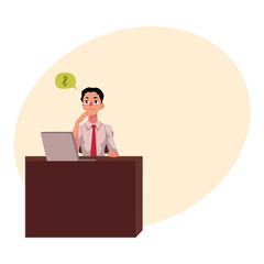 Young businessman, manager, financial analyst at office desk, thinking about money, cartoon vector illustration with space for text. Businessman, worker, employee working in office