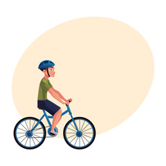 Fototapeta premium Bicycle, cycle, bike rider, cyclist wearing helmet, side vew, personal transport concept, cartoon vector illustration with space for text. Man riding bicycle wearing helmet, healthy lifestyle