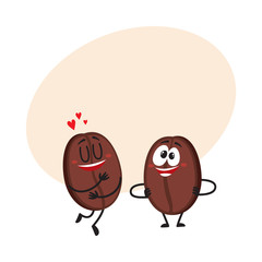 Two funny coffee bean characters, one showing love, another arms akimbo, cartoon vector illustration with space for text. Two coffee bean characters, mascots, design elements