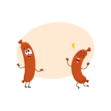 two cute and funny sausage character with human face jumping excitedly, cartoon vector illustration with space for text. Happy, excited sausage character, mascot, exclamation mark