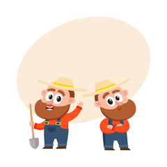 Two funny farmer, gardener characters in straw hat and overalls, holding shovel, arms crossed on breast, cartoon vector illustration with space for text. Couple of comic farmer characters