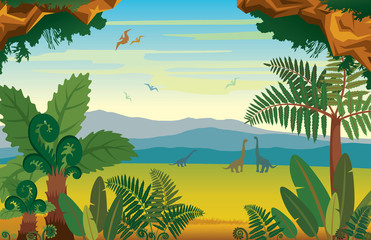 Prehistoric landscape with dinosaurs, mountains and plants. - 153403313