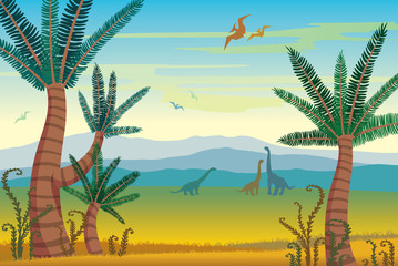 Prehistoric landscape with dinosaurs, mountains and plants. - 153403360