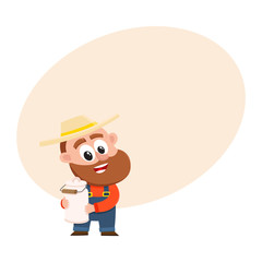 Funny farmer, gardener character in straw hat and overalls holding retro style milk can, canister, cartoon vector illustration with space for text. Comic farmer character, design elements