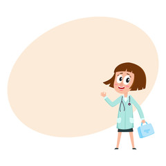 Comic woman doctor character with bob haircut holding first aid kit, medical box, cartoon vector illustration with space for text. Portrait of funny woman doctor holding medical box