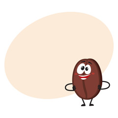 Funny, crazy looking coffee bean character with human face with arms akimbo, cartoon vector illustration with space for text. Crazy coffee bean character, mascot, design element