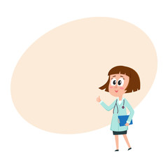 Comic woman doctor character holding clipboard, showing thumbs up, cartoon vector illustration with space for text. Full length portrait of funny woman doctor holding clipboard