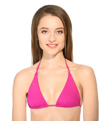 Obraz premium Beautiful young woman in swimsuit on white background