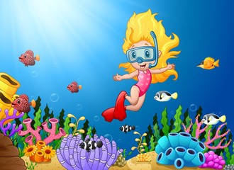 Fototapeta na wymiar Cartoon girl diving in the sea