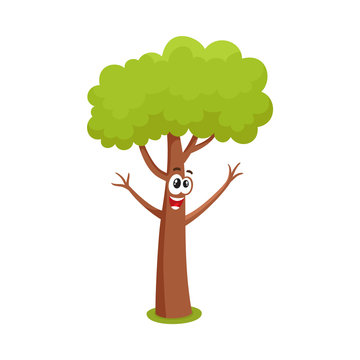 Funny Comic Style Tree Character Raising Branchies As Hands, Cartoon Vector Illustration Isolated On White Background. Funny, Crazy Tree Character, Mascot With Smiling Human Face, Greeting Gesture