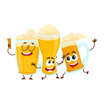 Three funny smiling beer glass and mug characters, friends having fun,  dancing together, cartoon vector illustration isolated on white background.  Cute and funny beer mug and glass characters, mascots Stock Vector |