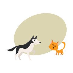 Husky dog dog and red cat, kitten characters, pets, friendship concept, cartoon vector illustration with space for text. Husky dog dog and red cat characters, friends