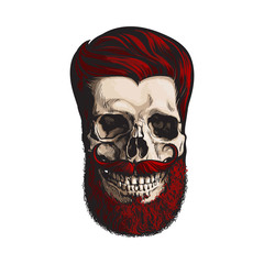 Hand drawn human skull with hipster red hairdo, beard and moustache, sketch style vector illustration isolated on white background. Hand drawing of human skull with hipster red hair, beard and whisker