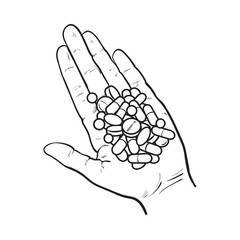 Hand holding pile of pills, tablets in open palm with straight fingers, black and white sketch style vector illustration on white background. Hand drawn hand holding many pills, medicine in open palm