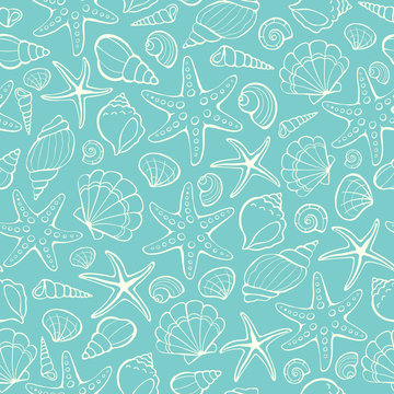 Seamless background from hand drawn sea shells and stars. Marine illustration of shellfish.